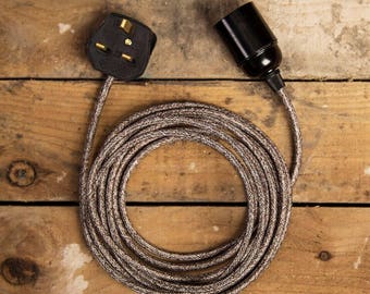 Plug In Pendant round cable Light cord set - Black E27 bulb holder - Various colours & lengths