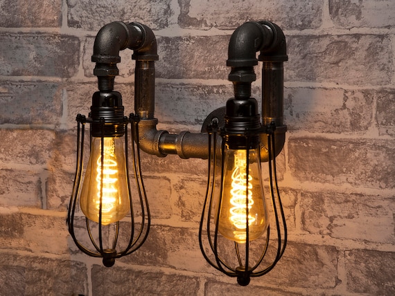 Double Black industrial iron pipe caged wall light