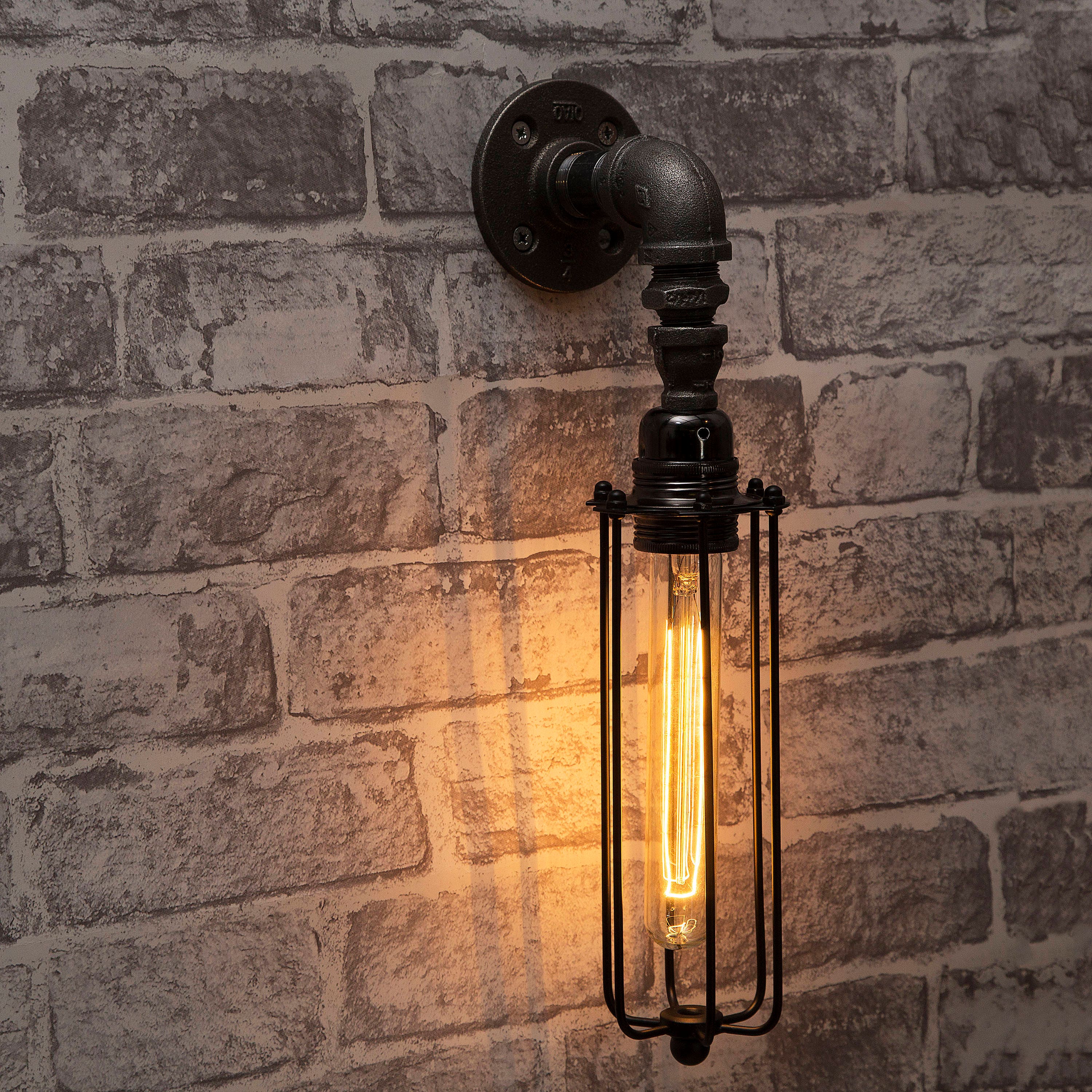 Black Industrial Iron Pipe Wall Light With Cage & Bulbs Etsy UK