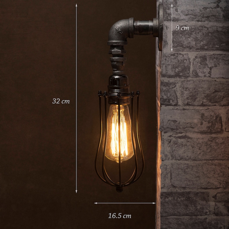 Black Industrial Iron Pipe Wall Light With Cage & Bulbs Etsy