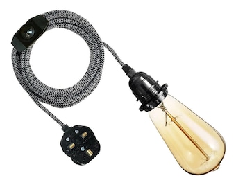 Plug in light pendant Round fabric cable 2 metre pendant - Black Bakelite E27 lamp holder