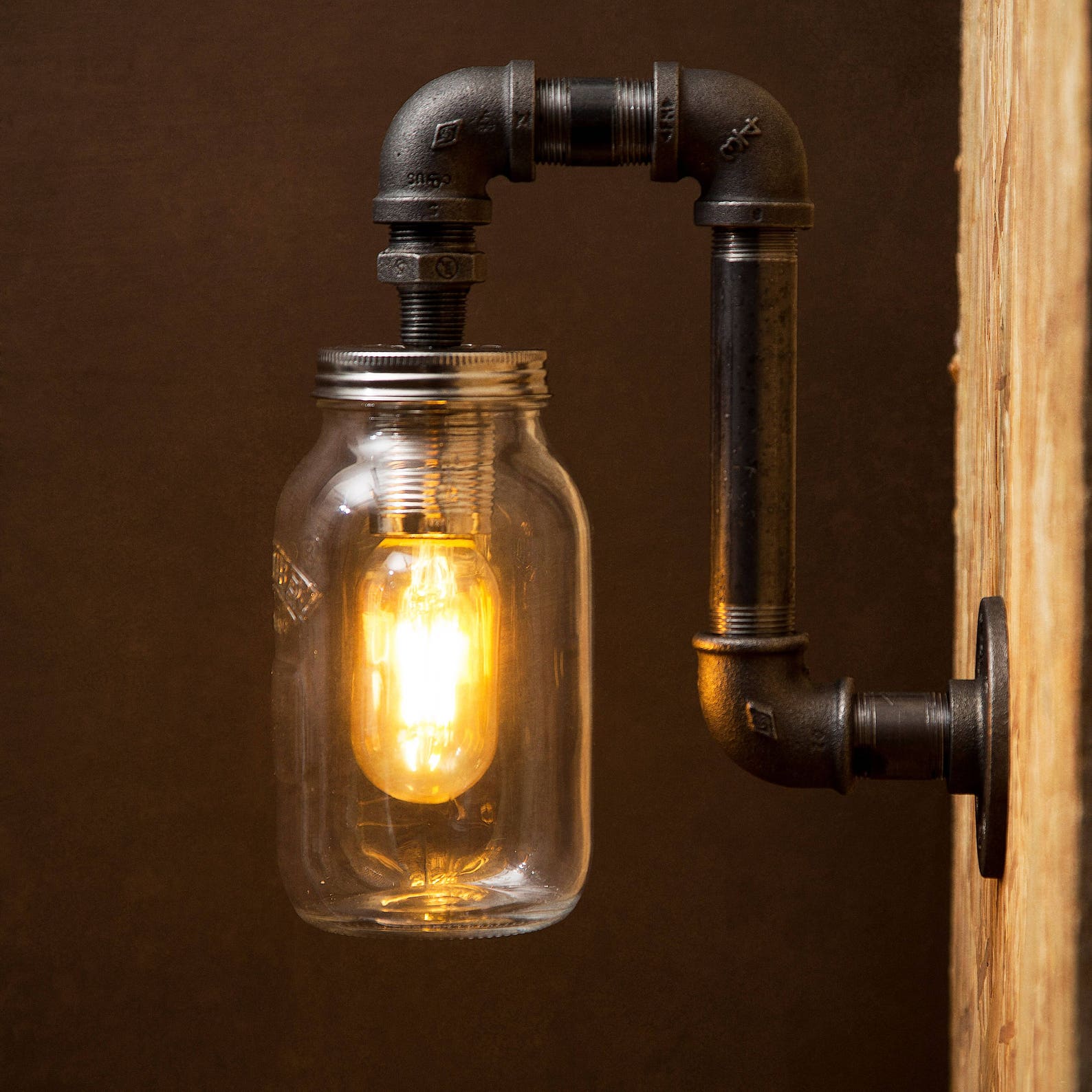 Black Industrial Iron Pipe Wall Light With Kilner Jar Free Etsy