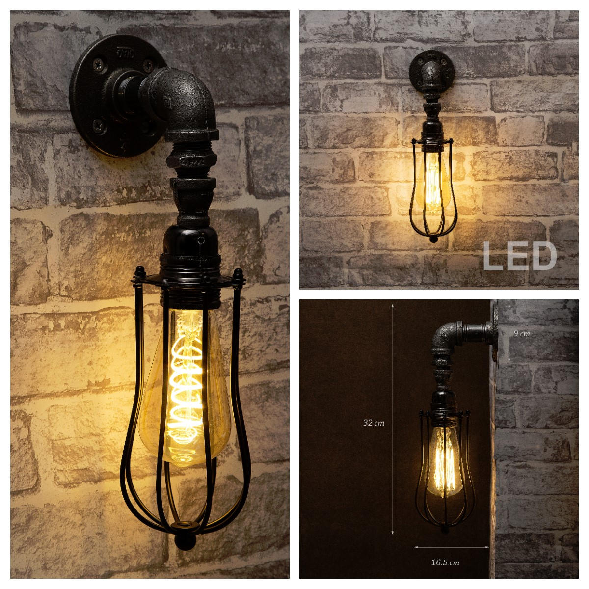 Black Industrial Iron Pipe Wall Light With Cage & Bulbs Etsy UK