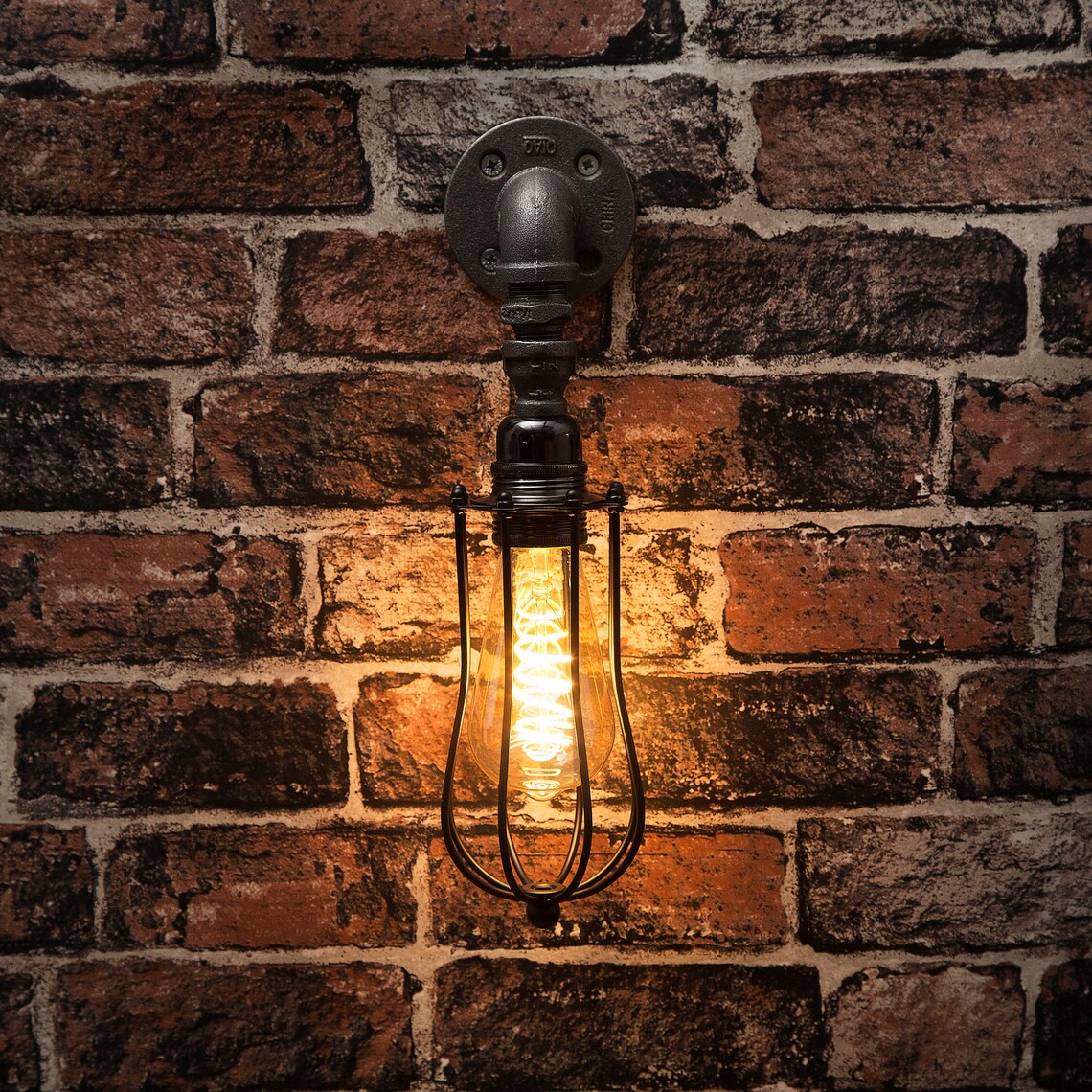 Black Industrial Iron Pipe Wall Light With Cage & Bulbs Etsy
