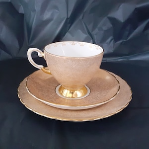 Tuscan Vintage Peach & Gold Filigree Bone China Tea Trio For Afternoon Tea