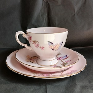 Tuscan &#39;Butterfly&#39; Vintage Tea Trio in Palest Pink Fine Bone China Decorated with Flowers and Butterflies