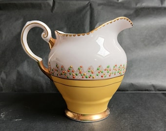 Jarra de leche/cremera de estilo toscano vintage en porcelana fina rosa y amarilla con detalles esmaltados - Tamaño grande