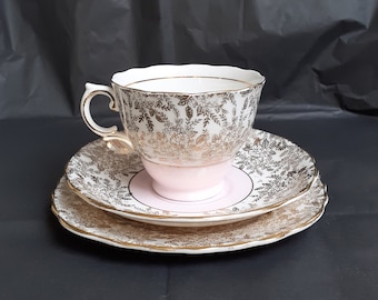 Colclough Bone China Tea Trio for Afternoon Tea (Teacup, Saucer & Plate) - &#39;Pink, White and Gold Chintz&#39;