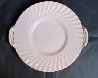 Vintage Minton 'Fife' Shell Pink Fluted Swirled Biscuit Tray / Sandwich Platter With White Eared Handles & Gilt Trims - 24.5cm