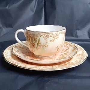 Antique Richmond Tea Trio - Peach, Blush Pink, Vanilla, Green & Brown Floral Pattern (Churchill? Lion Backstamp)