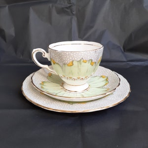 Plant Tuscan 'Green Poppy' ('Lotus') Teacup, Saucer & Plate  - Green, Grey, Gold on White Bone China.