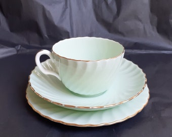 Vintage Minton 'Fife' Pale Green & White Fluted Swirled Teacup, Saucer and Plate With Gilt Trims for Afternoon Tea