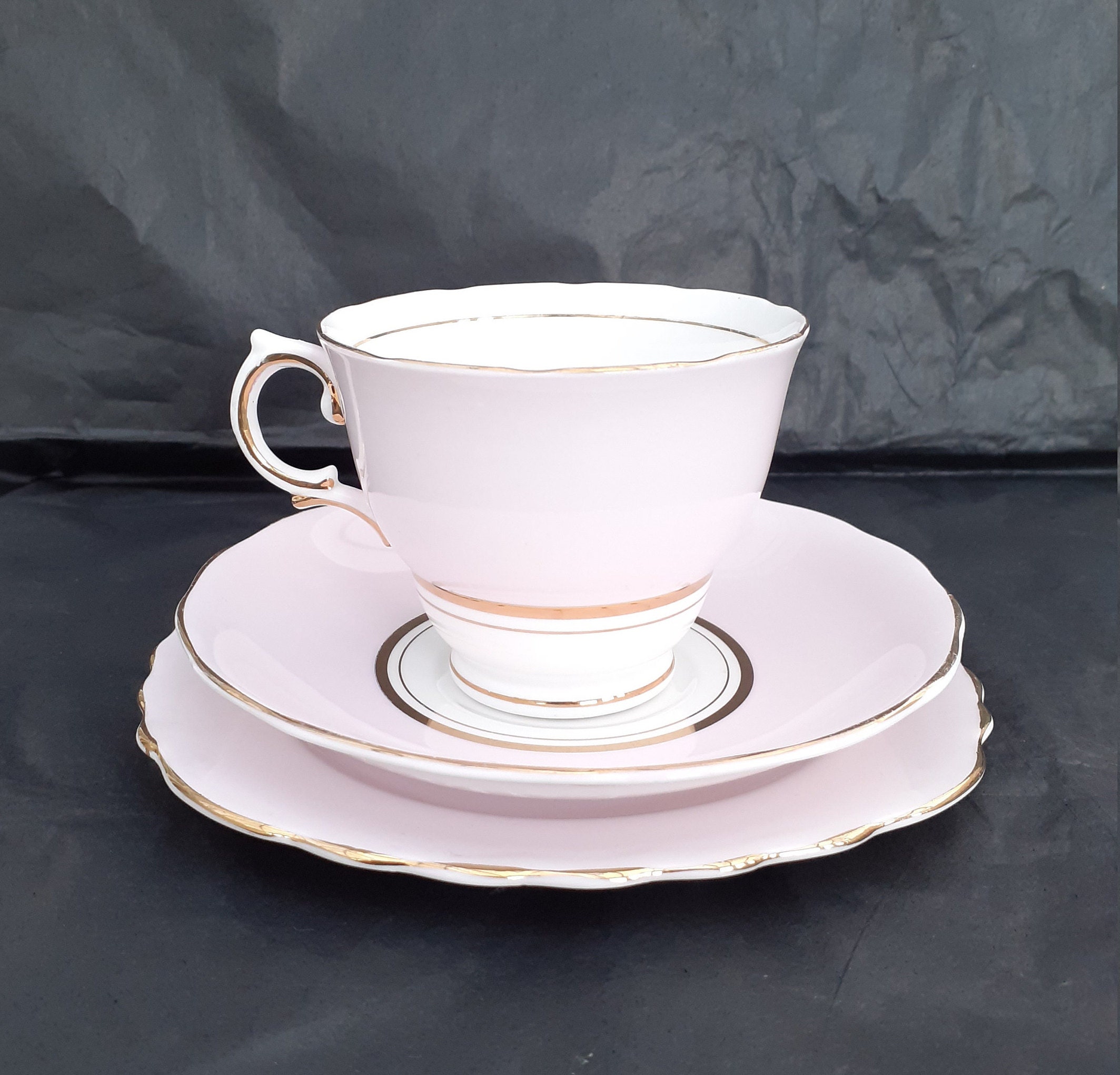 Colclough Vintage 'Harlequin Ballet' Tea Trio in Pastel Pink & Gold on White Bone China