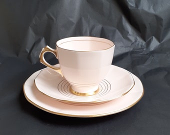 Plant Tuscan Art Deco Tea Trio (Teacup, Saucer & Plate) in Powder Pink Bone China with Gilt Detailing - Style 2
