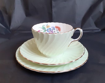 Aynsley Green Swirl Bone China Afternoon Tea Trio in Pale Spring Green with Floral Detailing & Gilt Trims