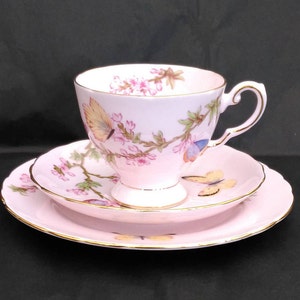 Tuscan 'Butterfly' Vintage Tea Trio in Palest Pink Fine Bone China Decorated with Flowers and Butterflies - Pattern 9837H