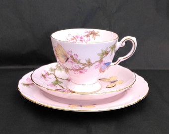 Tuscan 'Butterfly' Vintage Tea Trio in Palest Pink Fine Bone China Decorated with Flowers and Butterflies - Pattern 9837H
