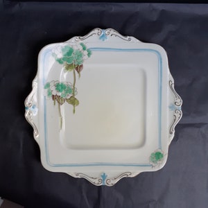 Royal Paragon Vintage Bone China Sandwich Platter / Biscuit Tray - Green Hydrangeas & Blue Trims on Cream Ground