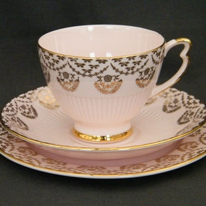 Colclough Vintage Afternoon Tea Trio in Powder Pink Bone China with Gilt Border - &#39;Pink & Gold Embossed Fluted&#39;