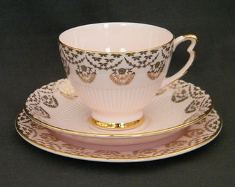 Colclough Vintage Afternoon Tea Trio in Powder Pink Bone China with Gilt Border - 'Pink & Gold Embossed Fluted'