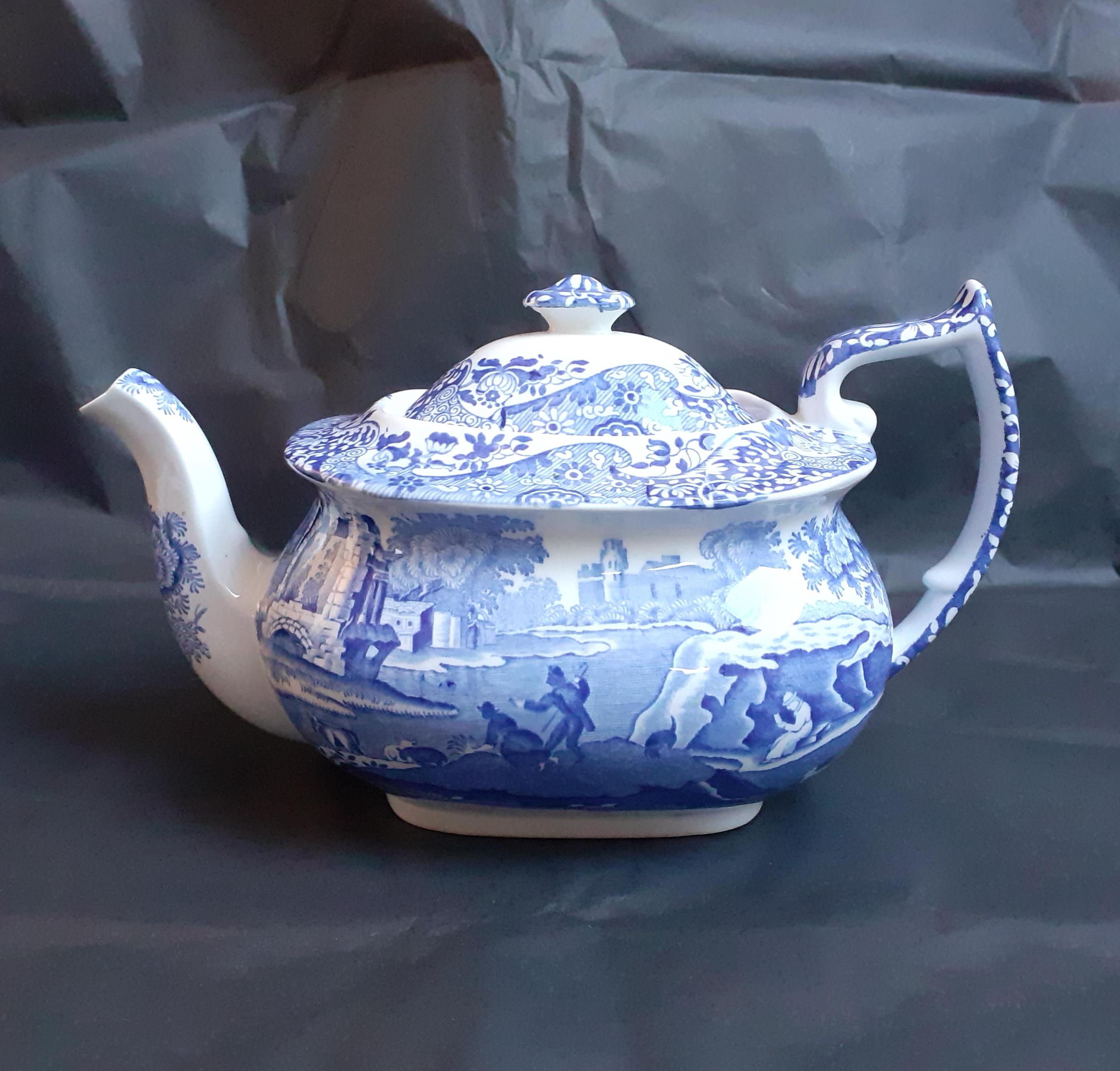 Spode 'Blue Italian' White Teapot With Blue Transferware Pattern Medium Size