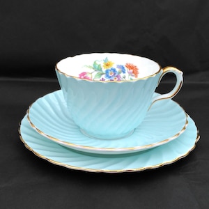 Aynsley Blue Swirl Bone China Afternoon Tea Trio in Soft Duck Egg Blue with Floral Detailing & Gilt Trims