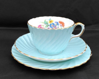 Aynsley Blue Swirl Bone China Afternoon Tea Trio in Soft Duck Egg Blue with Floral Detailing & Gilt Trims