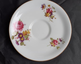 Royal Worcester Vintage Saucer (For Teacup) - White Bone China With Pink Roses, Purple Auriculas & Yellow Buttercups (1931 Stamp)