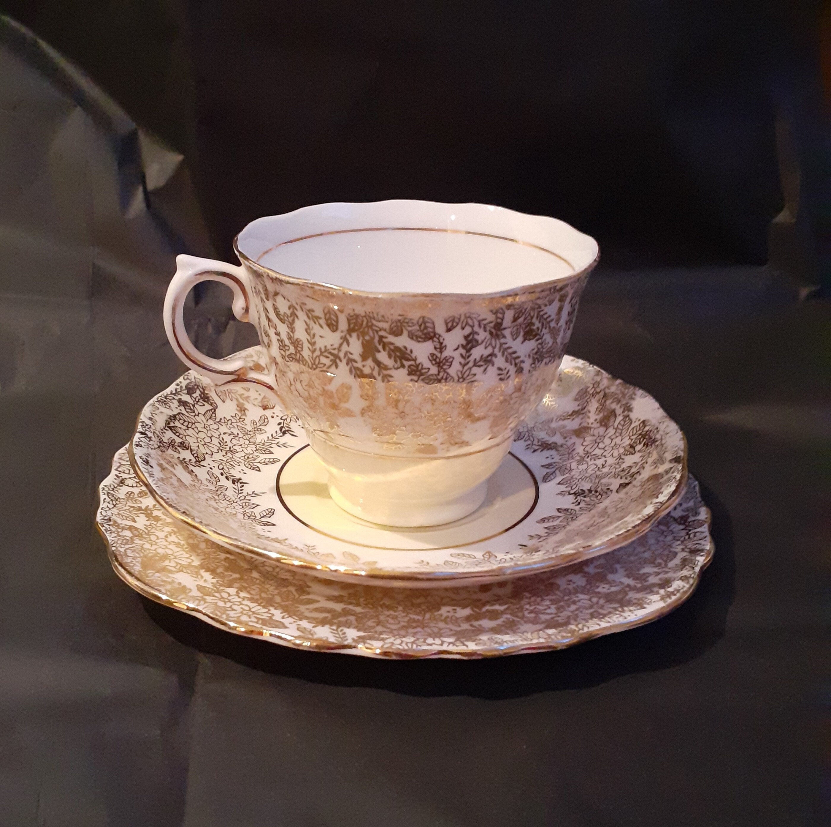 Colclough Vintage Bone China Teacup, Saucer Plate Pastel Yellow, White  and Gold Chintz