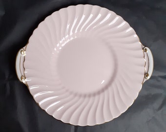 Antique Minton 'Fife' Shell Pink Fluted Swirled Biscuit Tray / Sandwich Platter With White Eared Handles & Gilt Trims - 24.3cm