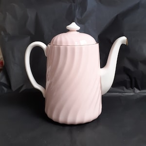Bule de café/bule de chá vintage Minton &#39;Fife&#39; em concha rosa e branca com detalhes em espiral e detalhes dourados