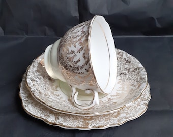 Colclough Vintage Bone China Tea Trio - Pastel Green, White and Gold Chintz