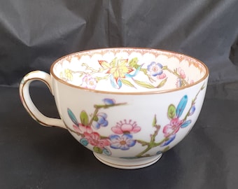 Antique Minton 'Cuckoo' Teacup in White Bone China with Pinks, Greens and Blues (1891 Stamp for BIRKS of Canada)