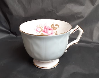 Aynsley Blue Crocus Bone China Teacup in Soft Duck Egg Blue with Pink Roses & Gilt Edges