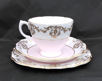 Royal Vale Pink & White Harlequin Tea Trio (Teacup, Saucer, Plate) with Gold Filigree Detailing