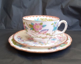 Antique Minton 'Cuckoo' Tea Trio in White Bone China with Pinks, Greens and Blues (1912 stamp)