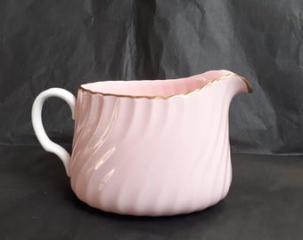 Vintage Minton &#39;Fife&#39; Shell Pink Fluted Swirled Milk Jug / Creamer With White Handle & Gilt Trims - Larger Size