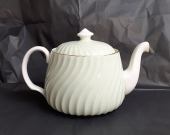 Antique Minton 'Fife' Pale Green & White Fluted Swirled Teapot With Gilt Trims