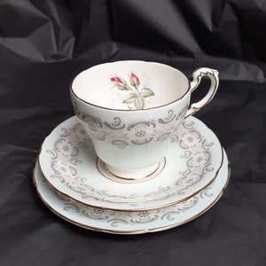 Paragon &#39;Radstock&#39; Vintage Tea Trio in Ice-Blue & Grey on White China with Gilt Trims