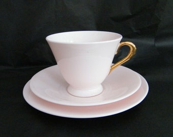 Plant Tuscan Vintage Art Deco Tea Trio in Palest Blush Pink Bone China with Gold Handle (pattern 5015H)