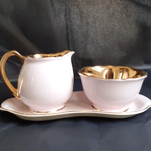 Crown Devon Fieldings Pink & Gold Lustre Creamer and Sugar Bowl Set