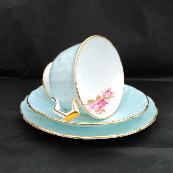 Aynsley Blue Crocus Bone China Afternoon Tea Trio in Soft Duck Egg Blue with Pink Roses & Gilt Edges