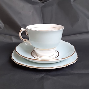 Colclough &#39;Harlequin Ballet&#39; Afternoon Tea Trio in Pastel Blue & Gold on White Bone China