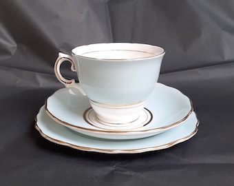 Colclough 'Harlequin Ballet' Tea Trio in Pastel Blue & Gold on White Bone China