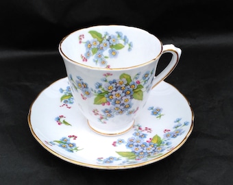Tuscan Vintage 'Forget-Me-Not' Demi-Tasse Coffee Cup and Saucer - Blue Flowers on White China with Gilt Trims