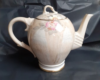 Paragon 'Orange Blossom' Art Deco Teapot in Blush & Grey Dripware With Pink Flowers