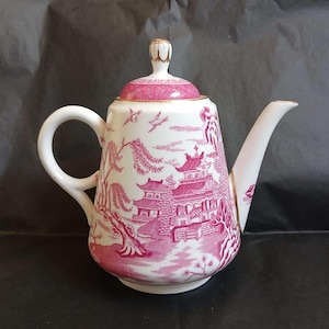 Antique Spode Copeland Pink Willow Teapot - Pink Transfer on White Ground w/Gilt Trims (1908 mark)