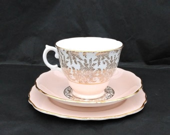 Royal Vale Teacup, Saucer & Plate - 'Peach, White and Gold Chintz' - Pattern 7392