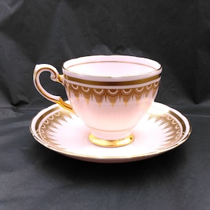 Tuscan Demi-Tasse Coffee Cup & Saucer in Powder Pink Fine Bone China with a Gold 'Fringe' Pattern