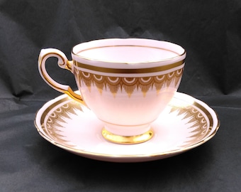 Tuscan Demi-Tasse Coffee Cup & Saucer in Powder Pink Fine Bone China with a Gold 'Fringe' Pattern